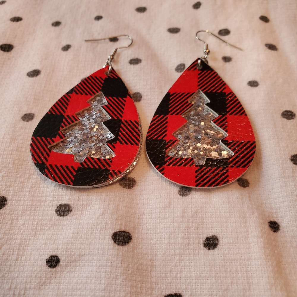 Plaid & Silver Xmas Tree Dandle Earrings
